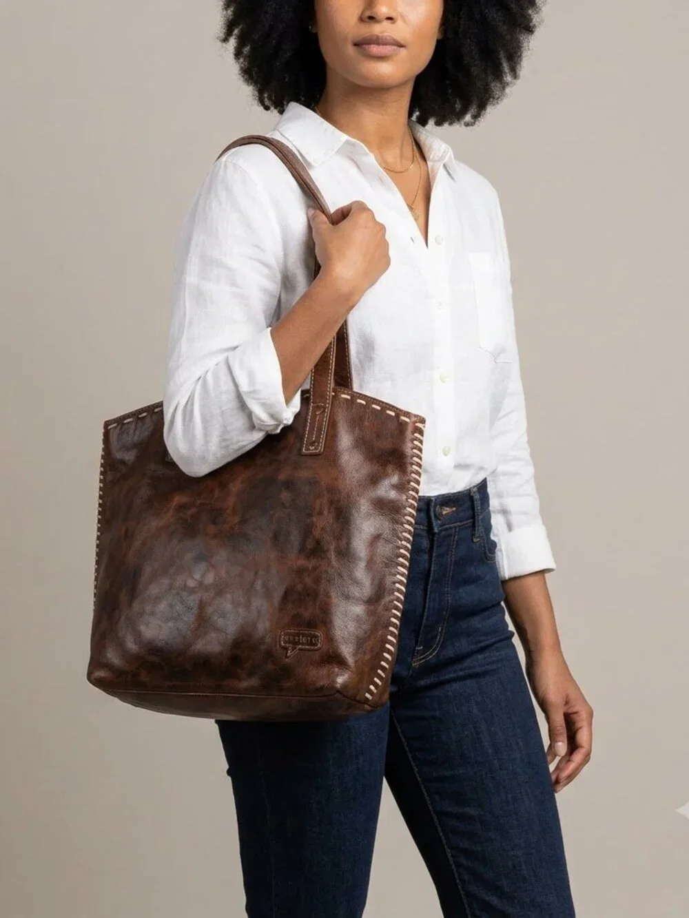 Bed Stu Distressed Brown Genuine Leather Tote Bag with Contrast stitch